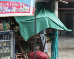 Woman shops under cover of awning